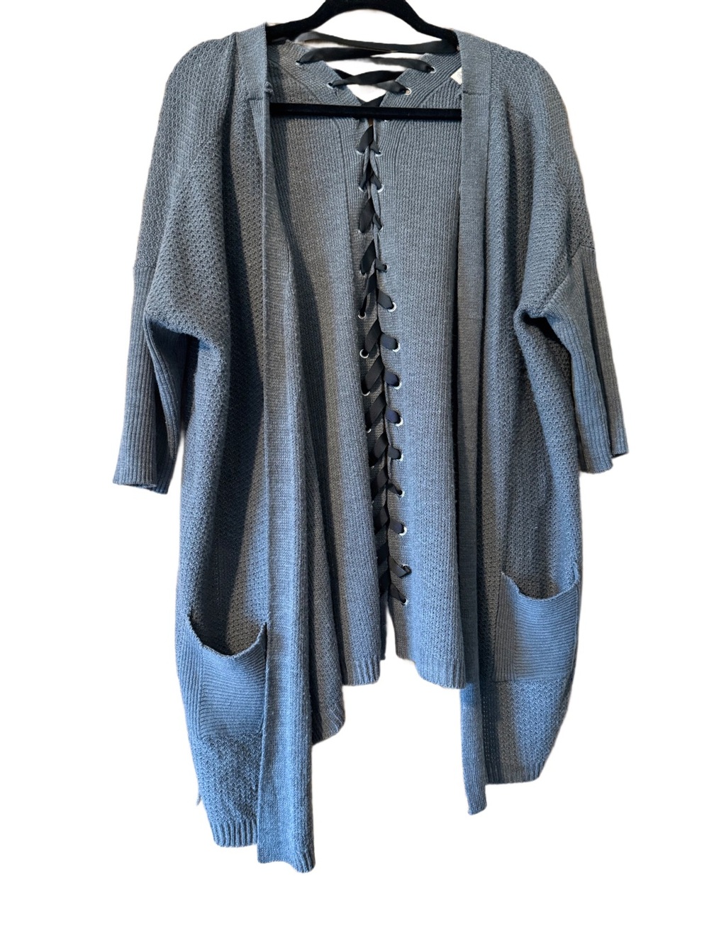 Democracy Open-Front Knit Cardigan with Lace-Up Back in Gray